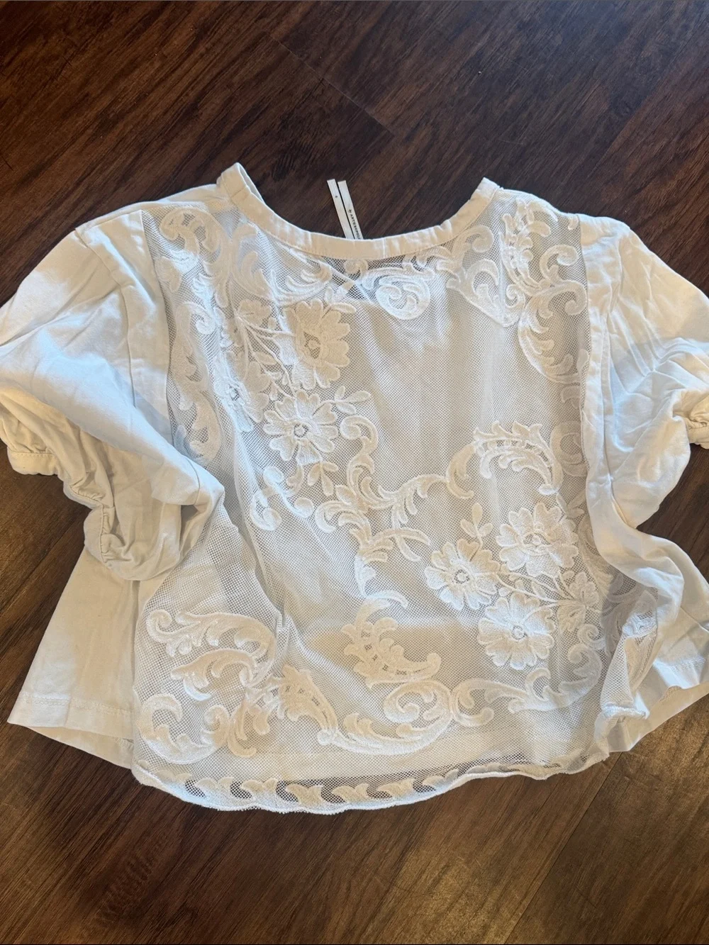 Anthropologie Women’s White Puff Sleeve Top with Lace Back Detail